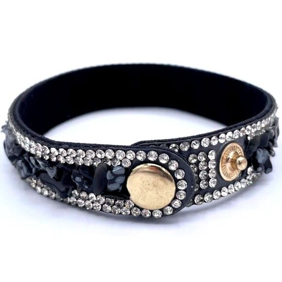 Black Faux Leather with Crystal and Chip Boho Adjustable Bracelet - Picture 3 of 9